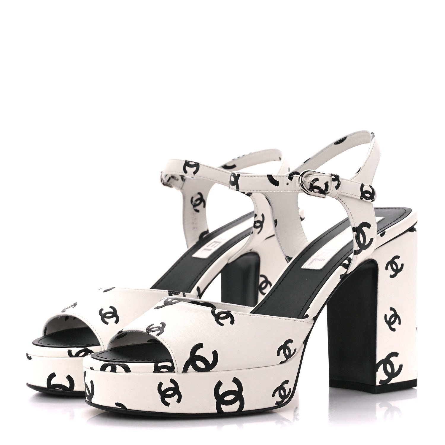 Chanel Printed Lambskin Coco Beach Platform Sandals 39 White Black 3 of 9