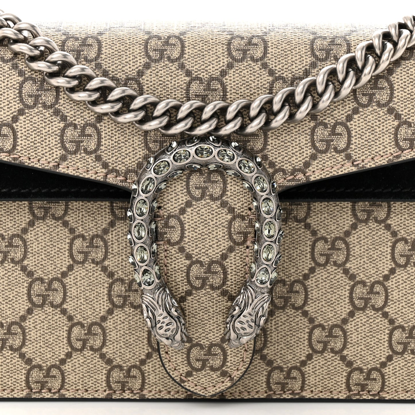 GG Supreme Monogram Suede Crystal Small Dionysus Shoulder Bag Beige Ebony Black