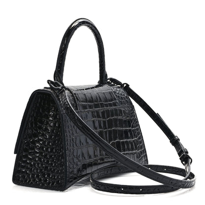 Balenciaga Shiny Calfskin Monochrome Crocodile Embossed Small Hourglass Top Handle Bag Black 3 of 9