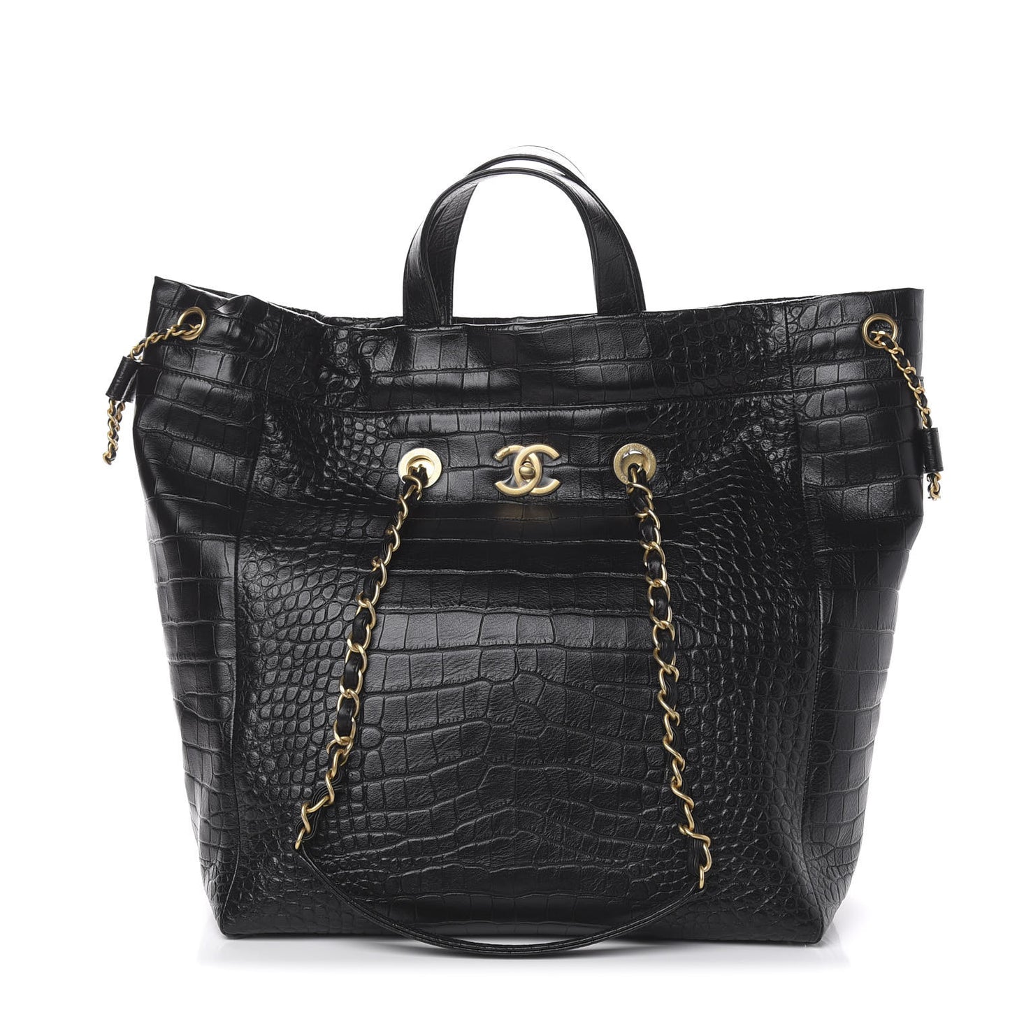 Calfskin Crocodile Embossed Large Cocodile Shopping Tote Black