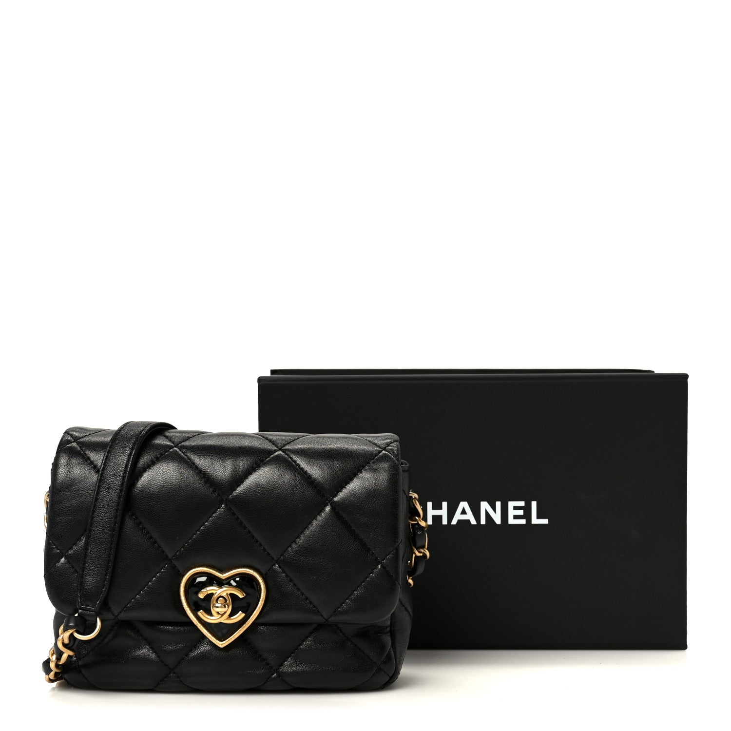 Chanel Lambskin Resin Quilted Mini Heart Square Flap Black 1867017