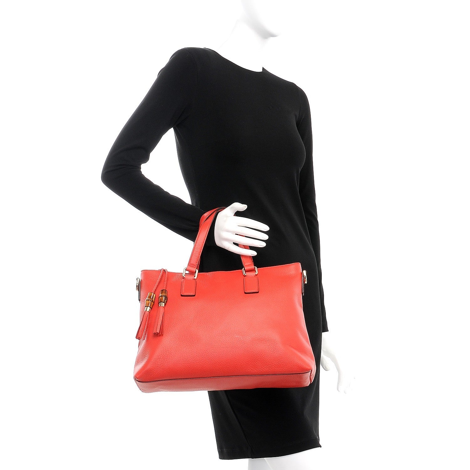 Gucci Calfskin Bamboo Tassel Top Handle Tote Red 3 of 11