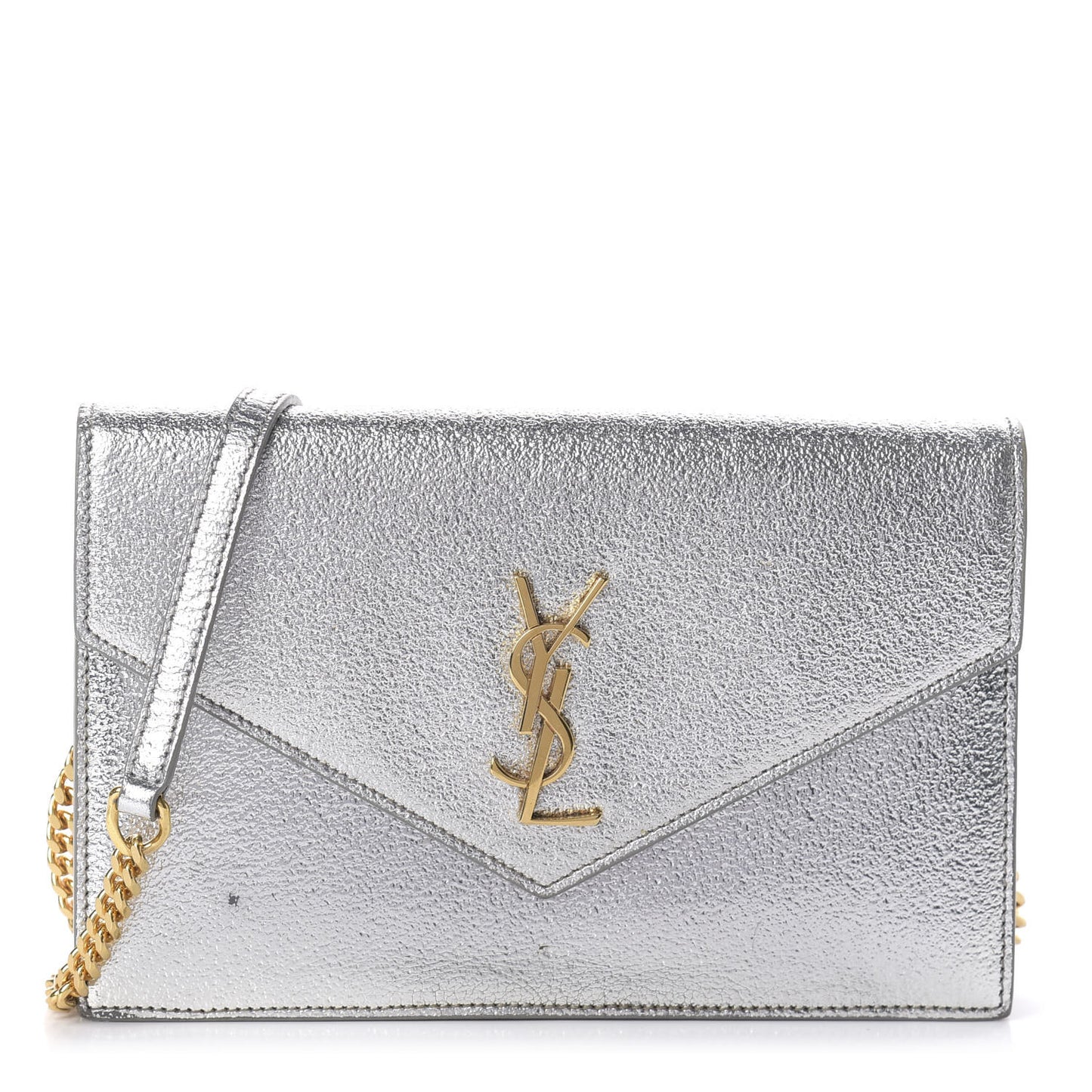 Metallic Calfskin Monogram Envelope Chain Wallet Platine
