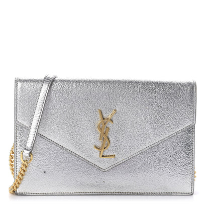 Saint Laurent Metallic Calfskin Monogram Envelope Chain Wallet Platine 1 of 12