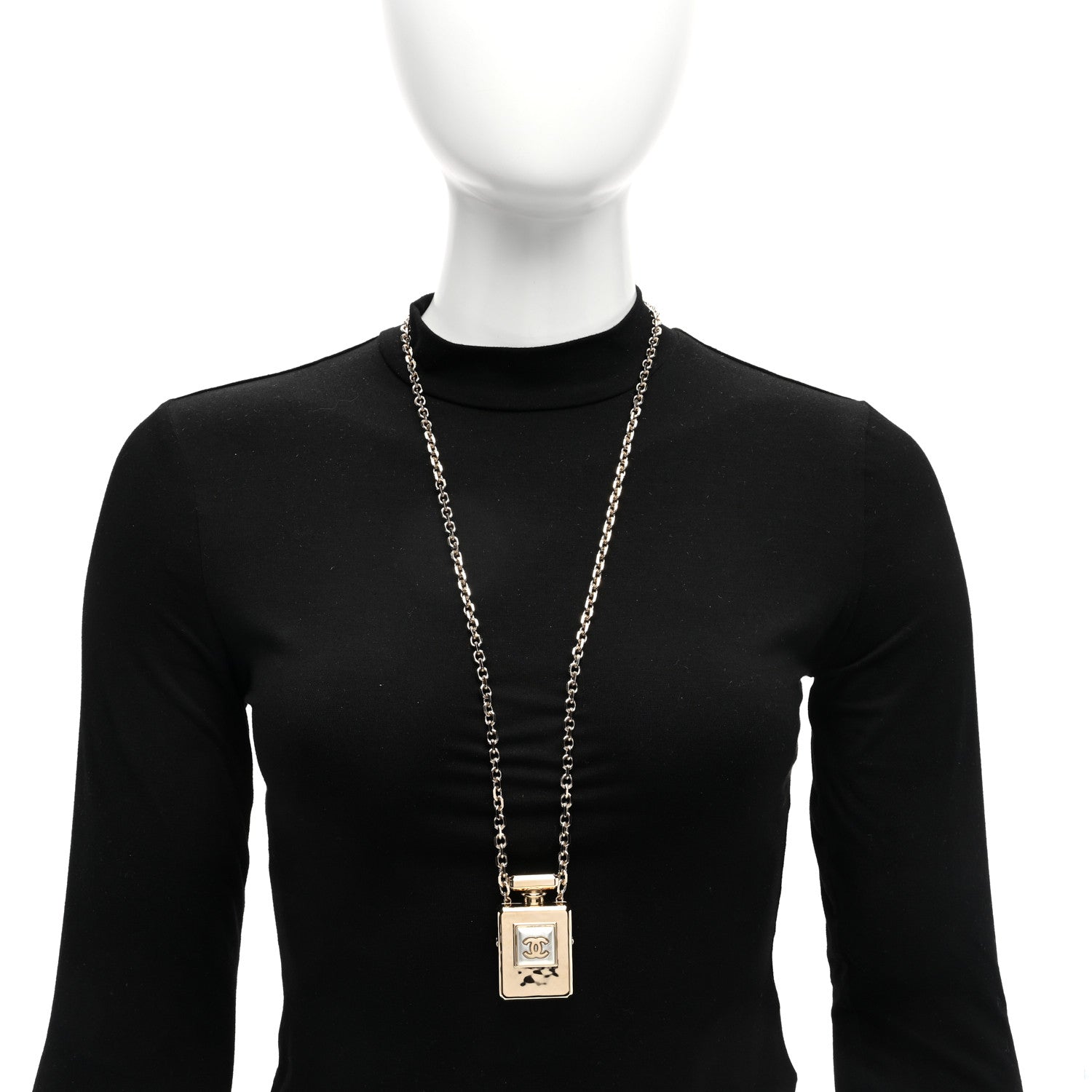 Chanel Metal Pearl Perfume Bottle CC Locket Necklace Gold 2 of 5