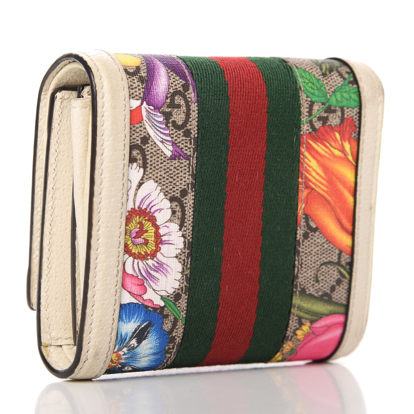 GG Supreme Monogram Flora Textured Calfskin Web Ophidia Card Case Wallet Beige Ebony Multicolor Mystic White