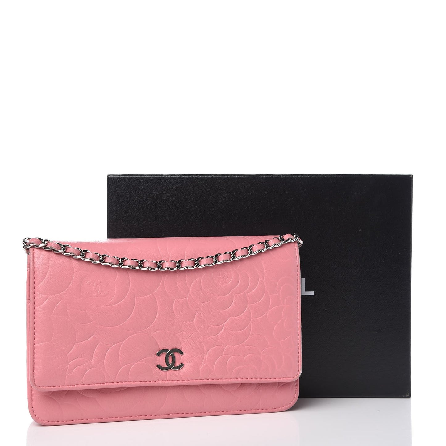 Lambskin Camellia Embossed Wallet On Chain WOC Pink