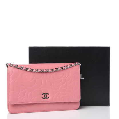 Chanel Lambskin Camellia Embossed Wallet On Chain WOC Pink 13 of 13