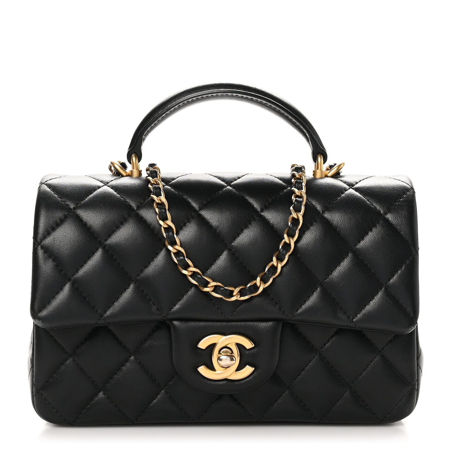 Lambskin Quilted Mini Top Handle Rectangular Flap Black