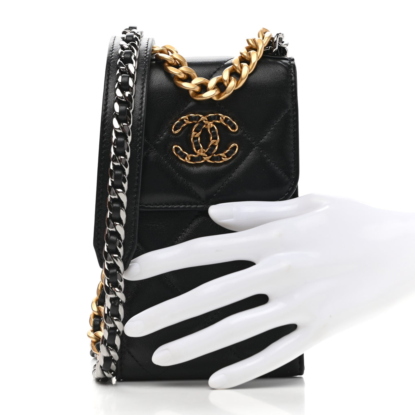 Lambskin Quilted Chanel 19 Phone Holder With Chain Black