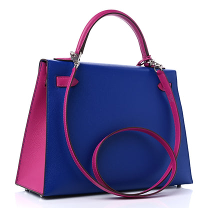 Hermes Epsom Bi-Color Horseshoe Kelly Sellier 32 Bleu Electrique Rose Pourpre 3 of 9
