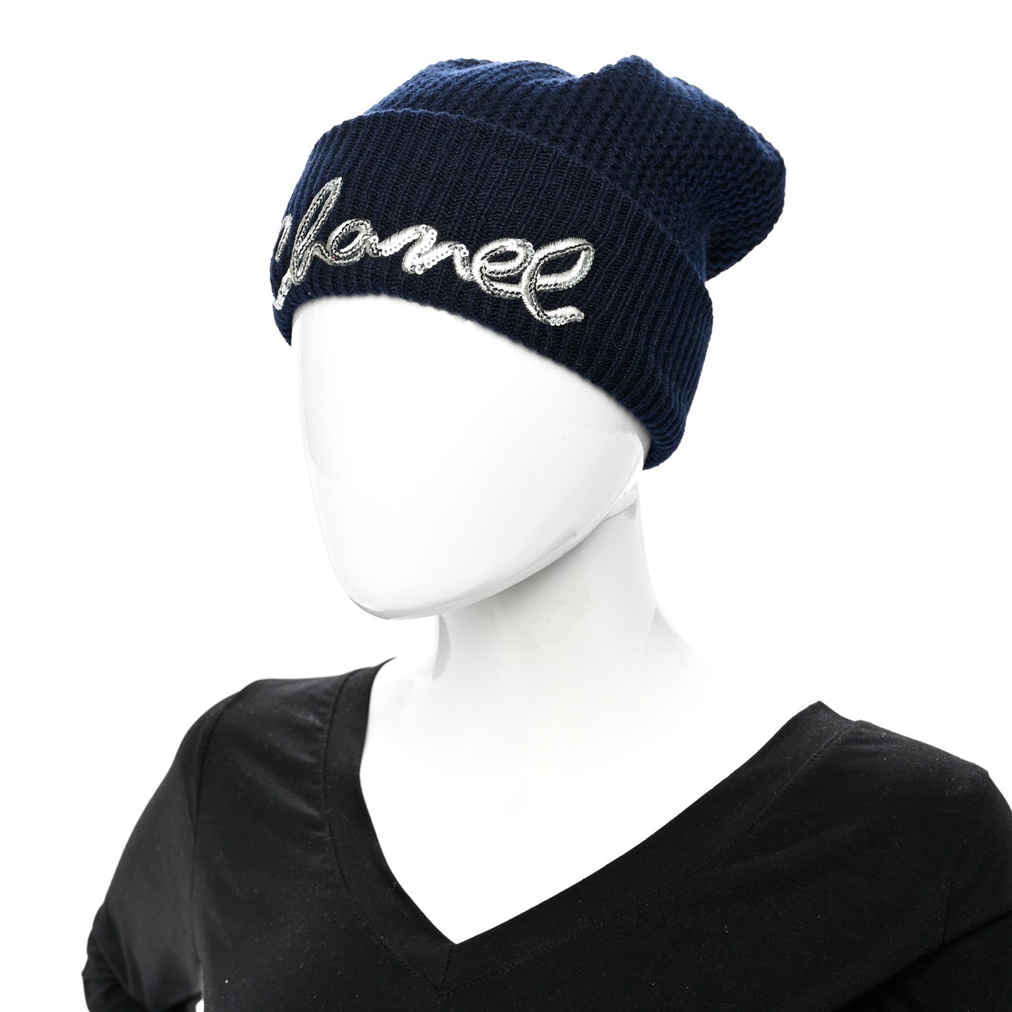 Cashmere Sequin Logo Beanie Hat Navy Blue