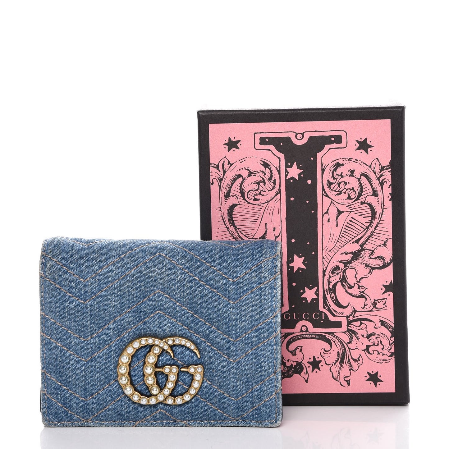 Denim Matelasse Pearly GG Marmont Card Case Wallet Blue