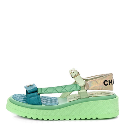 Chanel Lambskin Logo Platform Sandals 39 Turquoise Green Gold 1 of 10