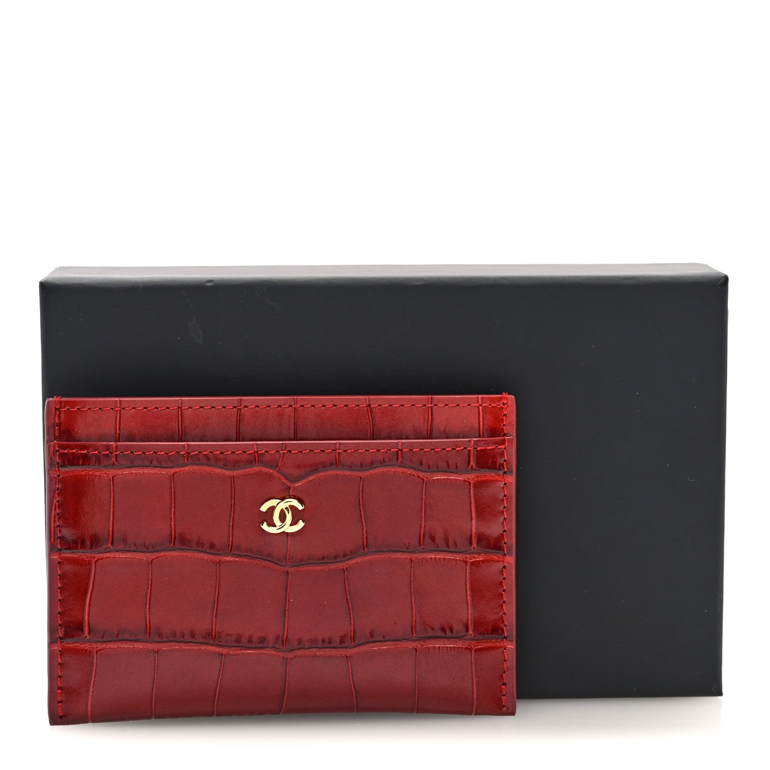 CHANEL 名刺入れ カードケース ビコローレ ギャランティカード付き レッド Chanel Calfskin Crocodile Embossed Crococo Card Holder Burgundy