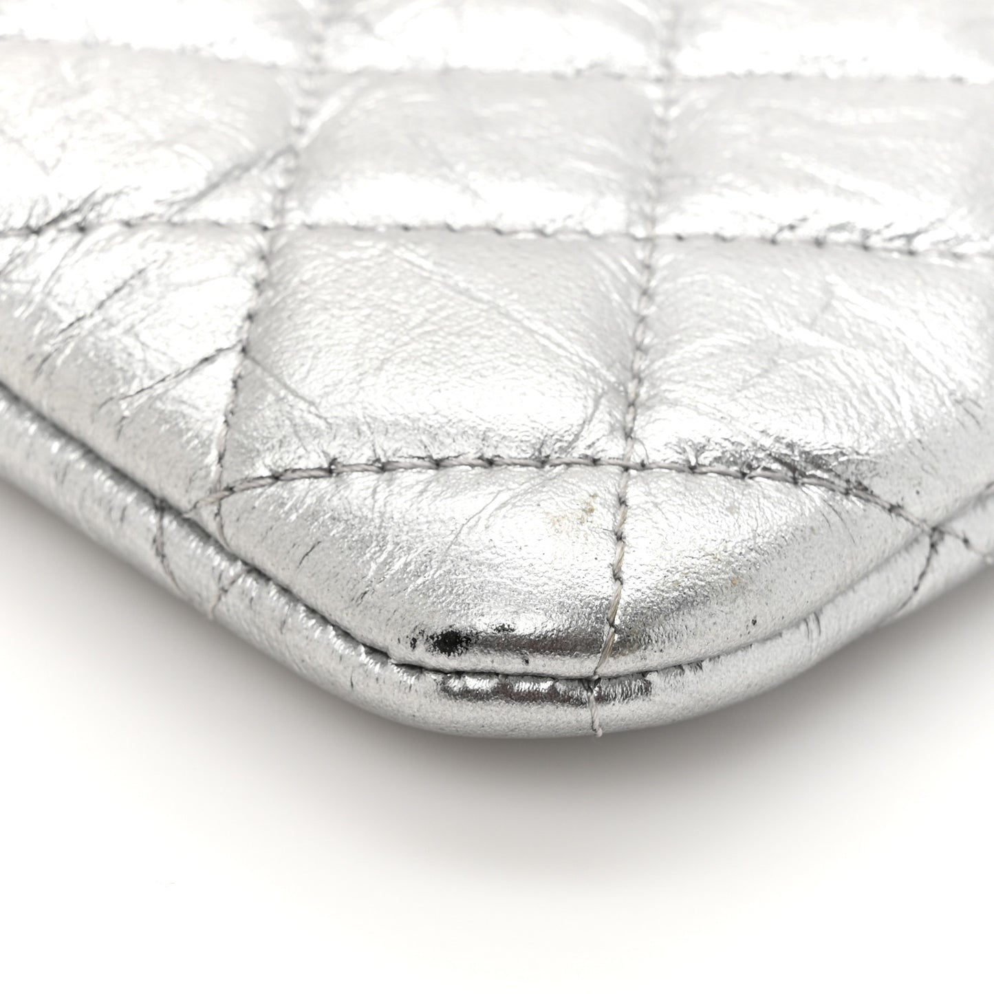 Metallic Aged Calfskin Quilted Small Cosmetic Pouch Silver