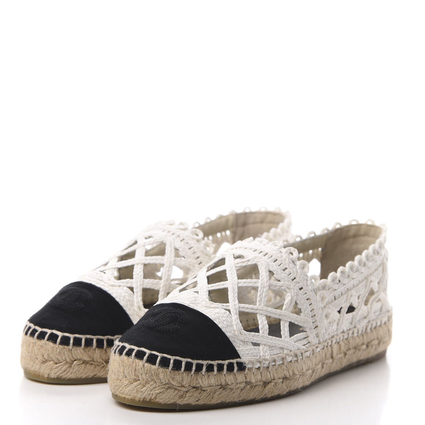 Woven Fabric Grosgrain CC Espadrilles 38 White Black
