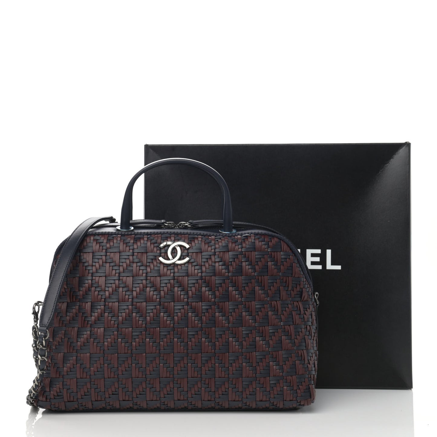 Calfskin Woven Bowling Bag Navy Blue