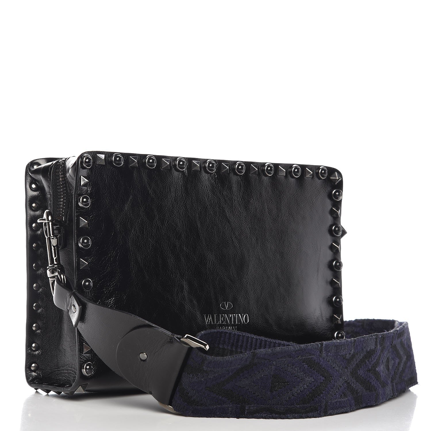Valentino Garavani Craquele Calfskin Small Guitar Strap Rockstud Rolling Flap Pocket Shoulder Bag Black 4 of 9