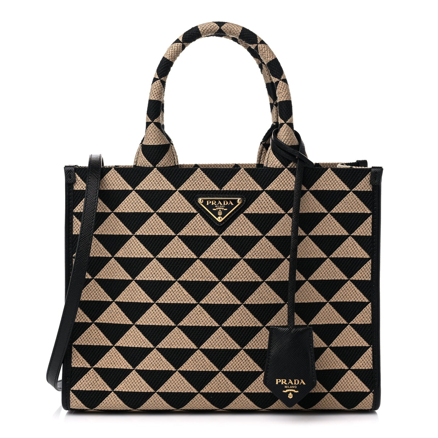 Jacquard Saffiano Triangolo Symbole Embroidered Small Tote Black Corda