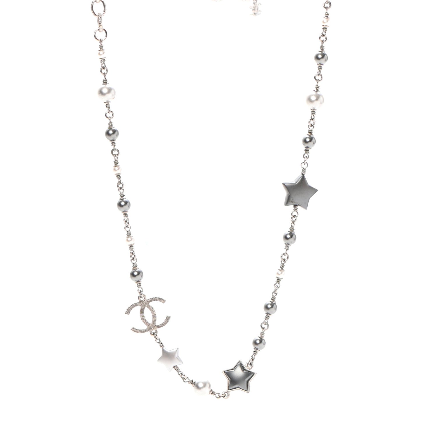 Metal Resin Pearl Star CC Necklace Silver