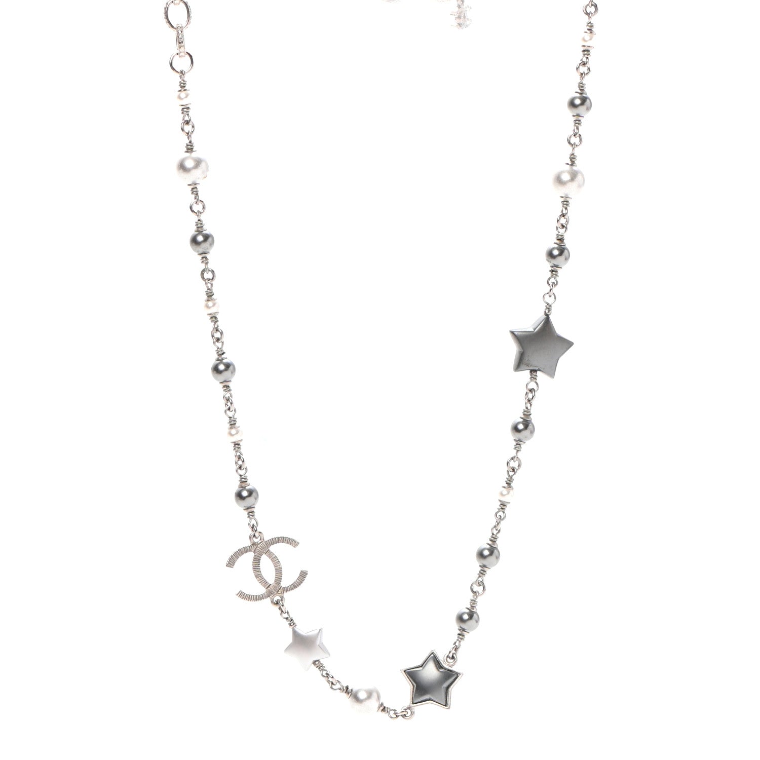 Chanel Metal Resin Pearl Star CC Necklace Silver 1 of 5