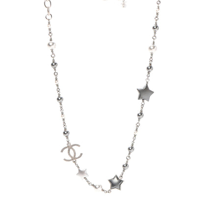 Chanel Metal Resin Pearl Star CC Necklace Silver 1 of 5