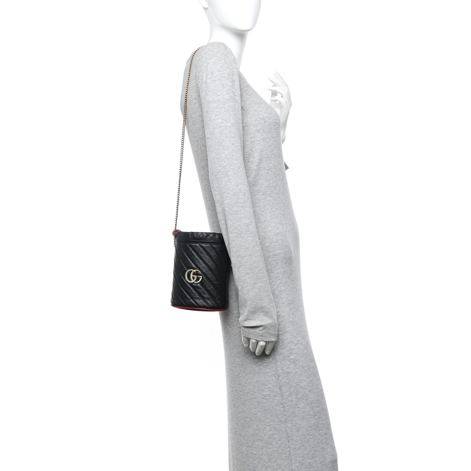 Gucci Vintage Effect Calfskin Matelasse Diagonal Mini Torchon GG Marmont 2.0 Bucket Bag Black Romantic Cherry 2 of 10