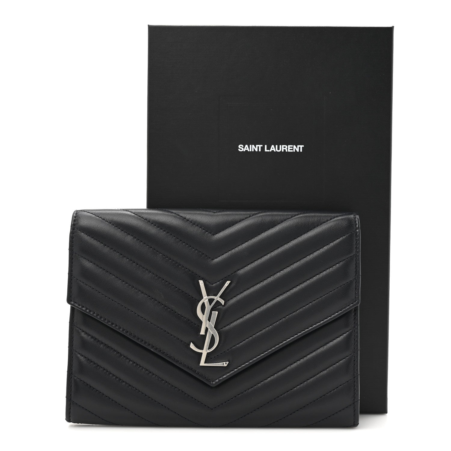Saint Laurent Lambskin Matelasse Chevron Monogram Cassandre Flap Pouch Navy 8 of 8
