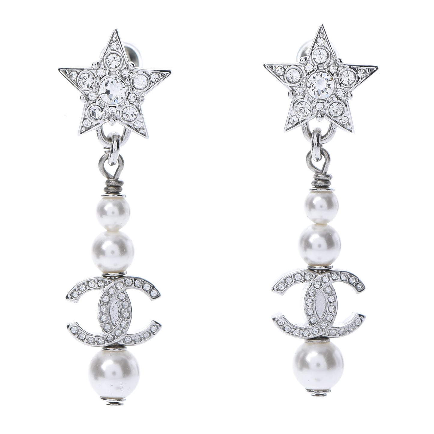 Crystal Pearl CC Star Drop Earrings Silver