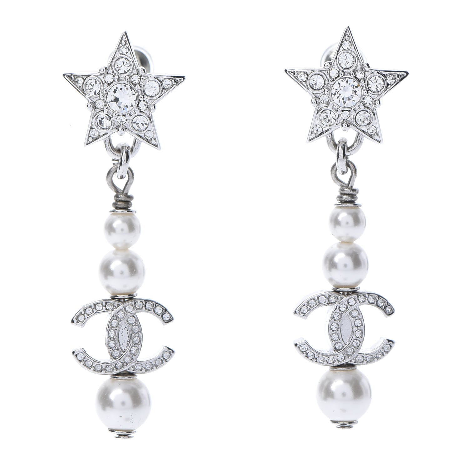 Chanel Crystal Pearl CC Star Drop Earrings Silver 1 of 5
