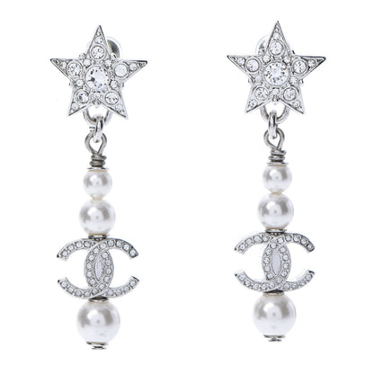 Chanel Crystal Pearl CC Star Drop Earrings Silver 1 of 5