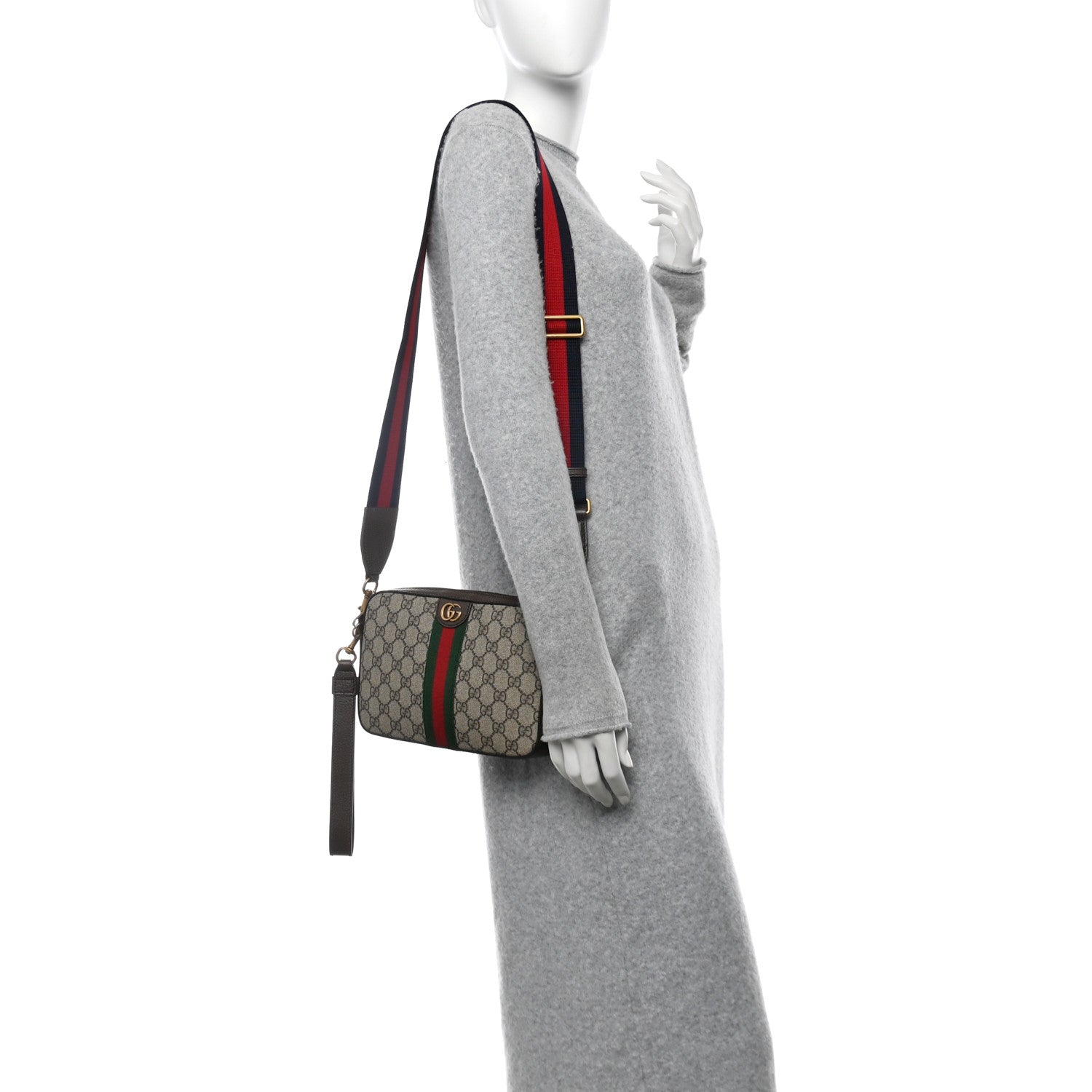 Gucci GG Supreme Monogram Textured Dollar Calfskin Web Ophidia Wristlet Shoulder Bag Beige Ebony New Acero 2 of 10
