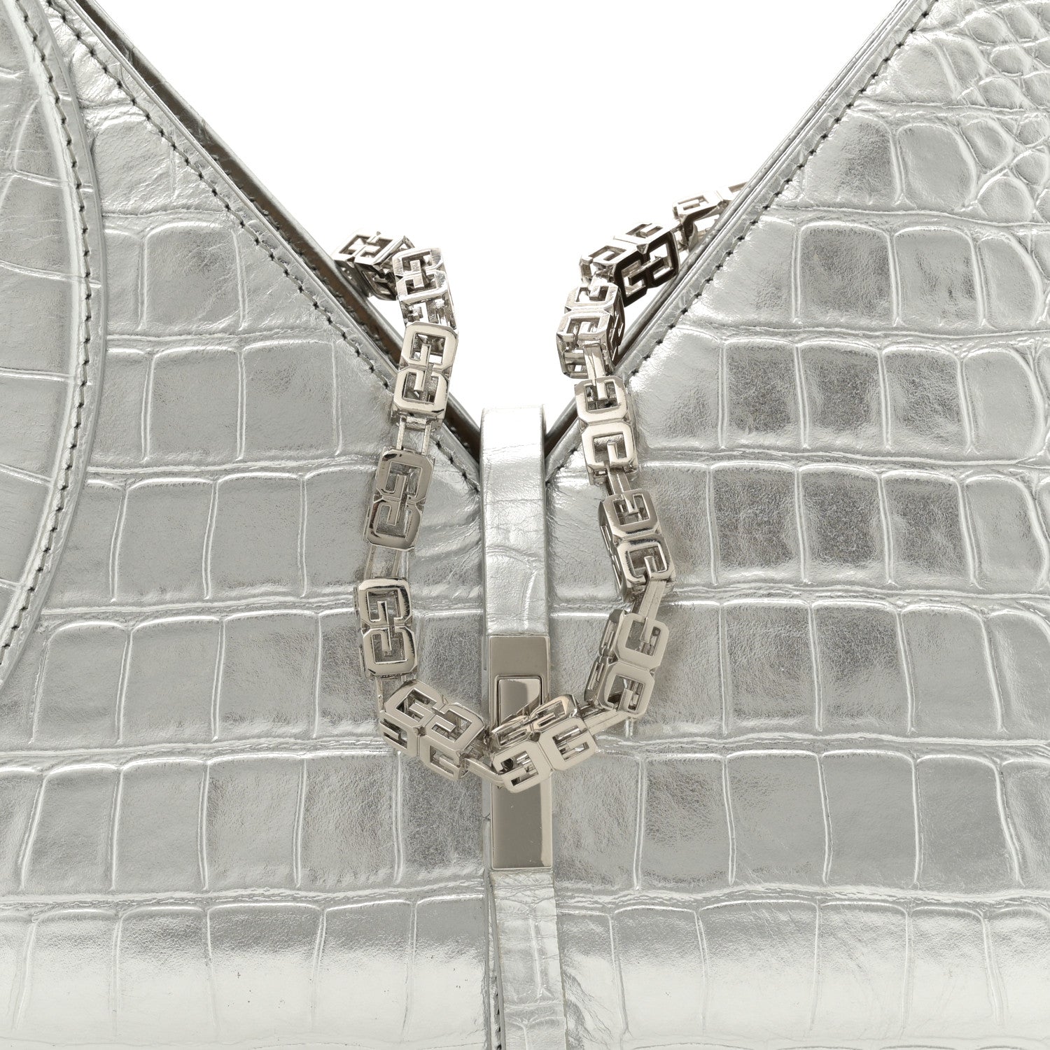 Givenchy Metallic Calfskin Croc Embossed Small Cut Out Shoulder Bag Silver 8 of 12