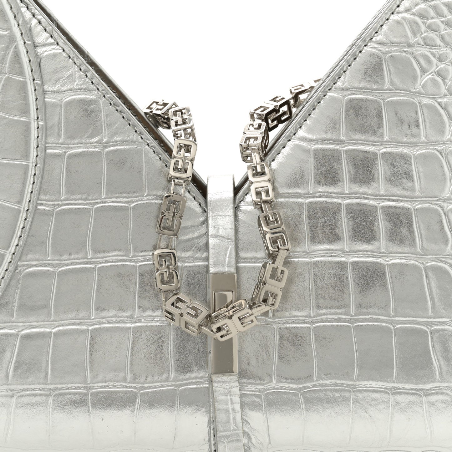Metallic Calfskin Croc Embossed Small Cut Out Shoulder Bag Silver
