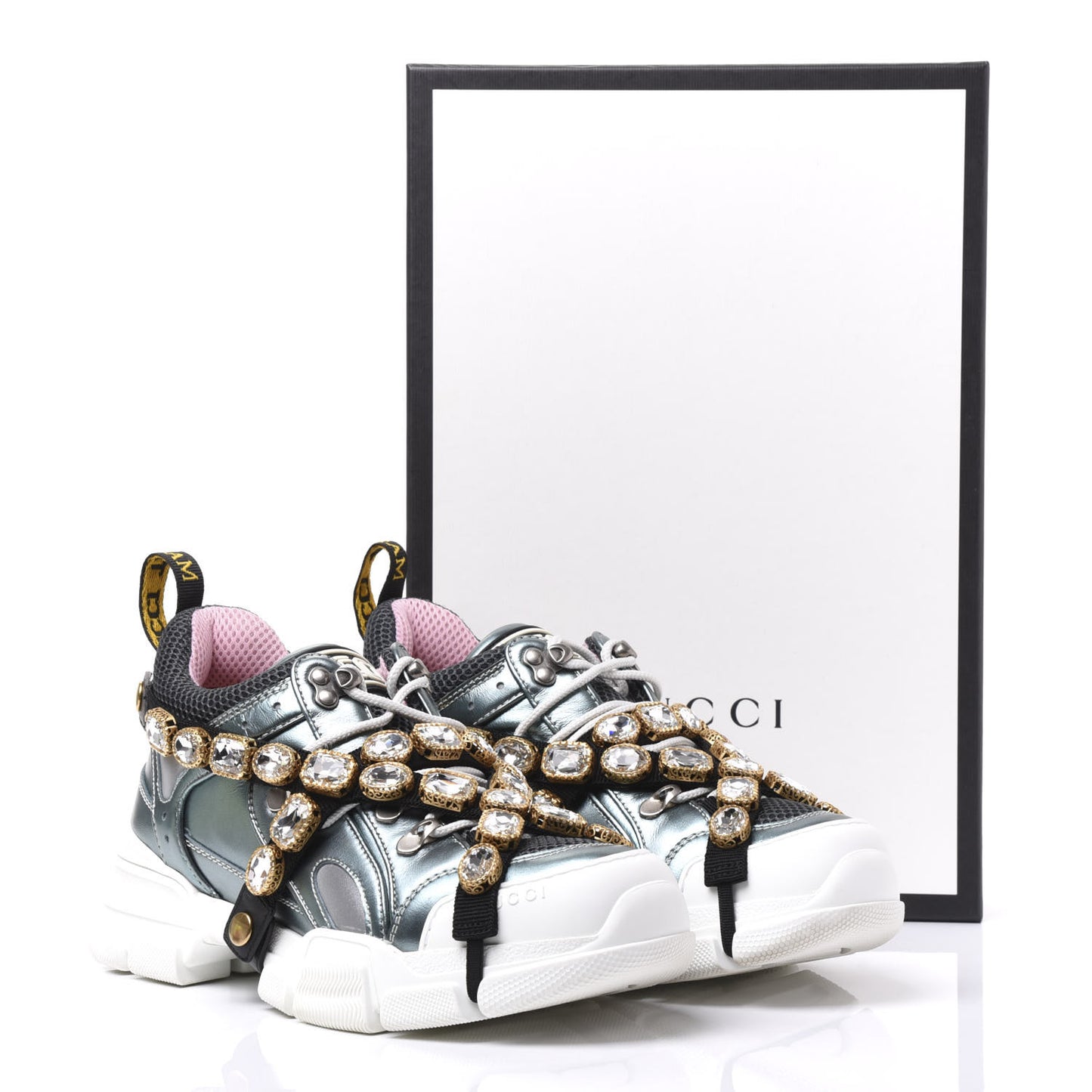 X SEGA Metallic Calfskin Removable Crystals Womens Flashtrek Sneakers 39 Lago Loess Silver