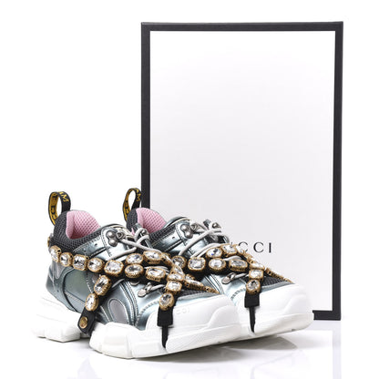 Gucci X SEGA Metallic Calfskin Removable Crystals Womens Flashtrek Sneakers 39 Lago Loess Silver 8 of 8