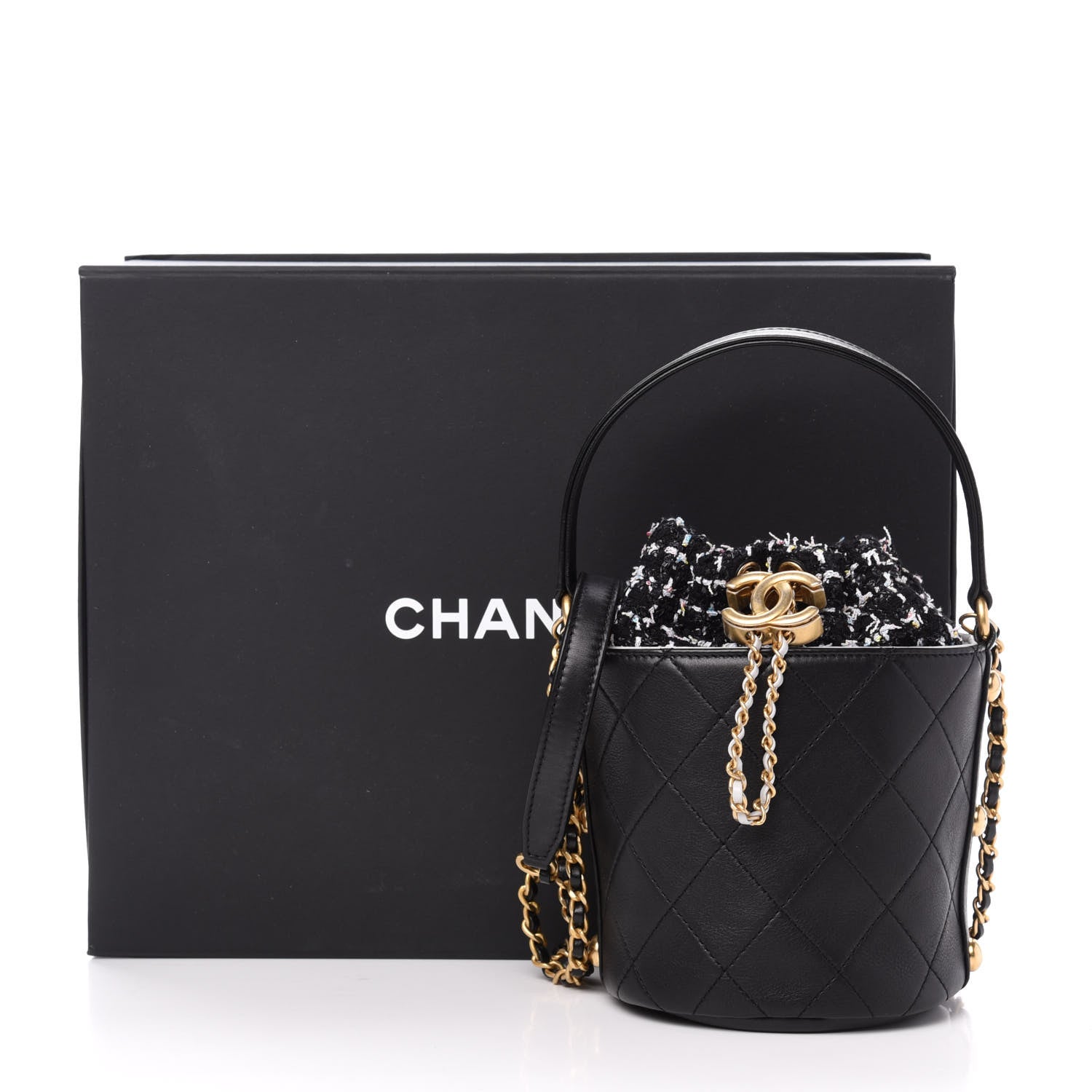 Chanel Calfskin Tweed Small CC Chain Bucket Drawstring Bag Black Multicolor 11 of 11