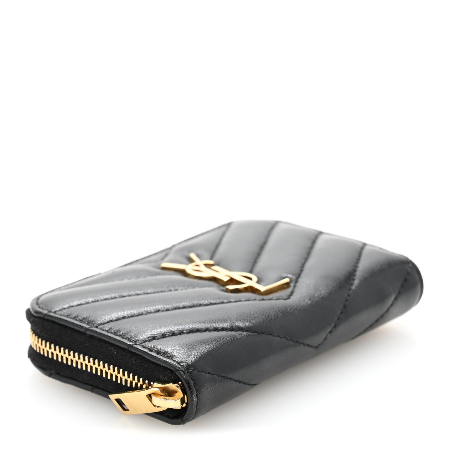Saint Laurent Lambskin Matelasse Chevron Monogram Cassandre Compact Zip Around Card Wallet Black 4 of 9