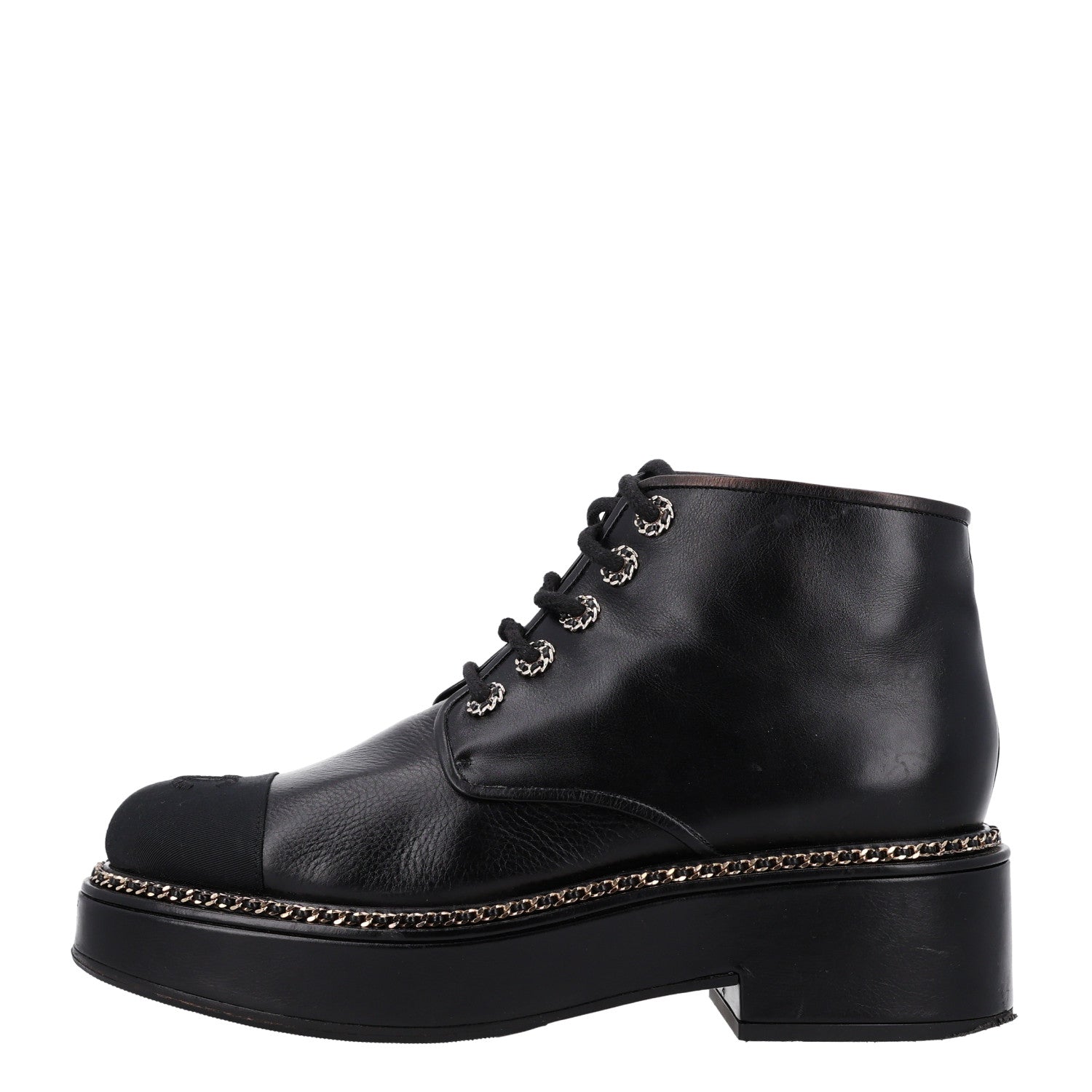 Chanel Calfskin Grosgrain Chain Lace Up CC Short Boots 41 Black 1 of 11