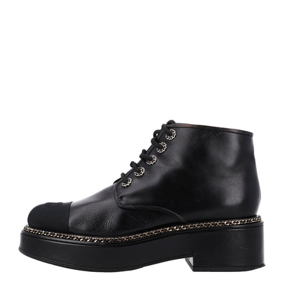 Chanel Calfskin Grosgrain Chain Lace Up CC Short Boots 41 Black 1 of 11