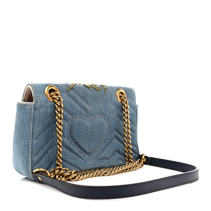 Gucci Denim Matelasse Floral Embroidered Mini GG Marmont Shoulder Bag Blue 3 of 15