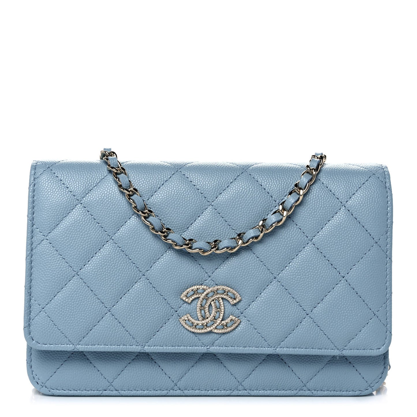 Caviar Quilted Crystal CC Wallet On Chain WOC Light Blue