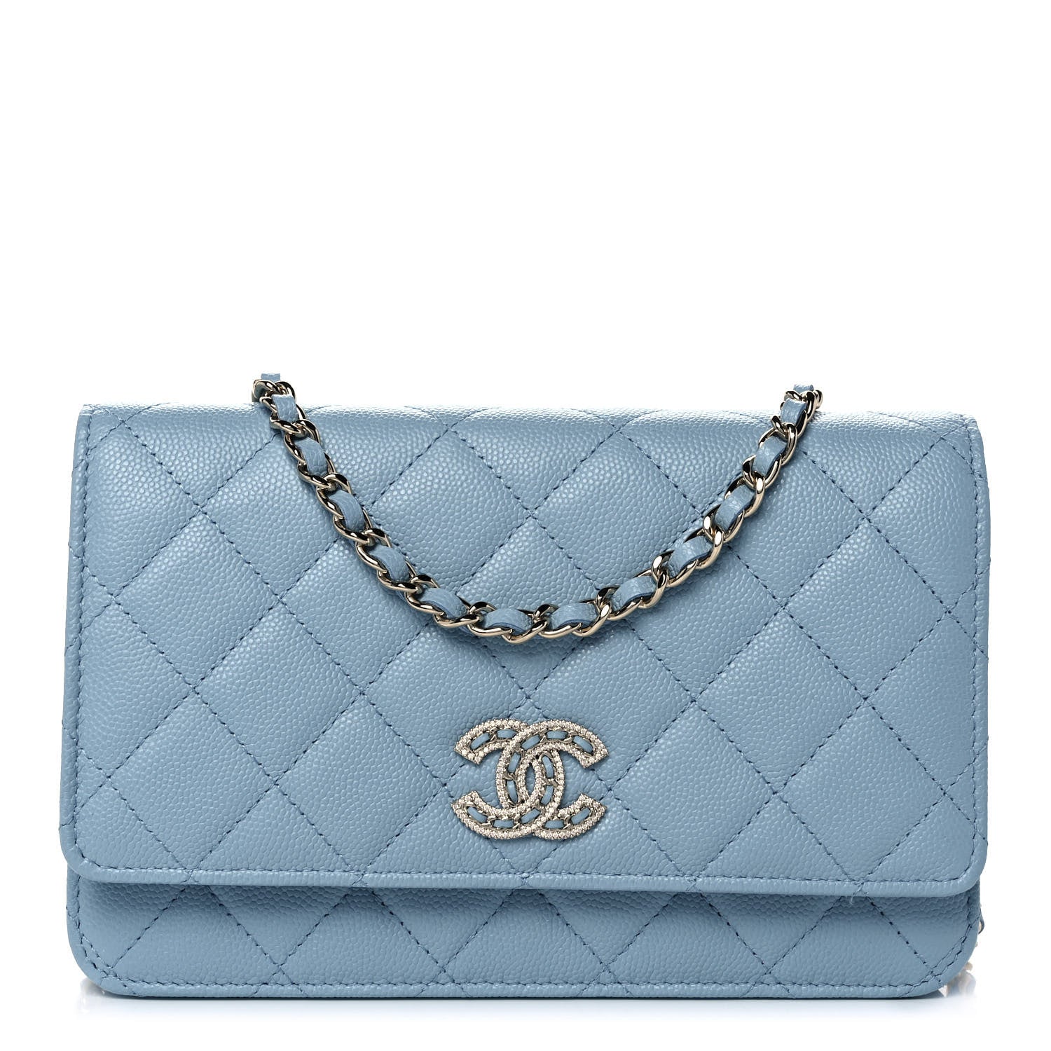 Chanel Caviar Quilted Crystal CC Wallet On Chain WOC Light Blue 1 of 12