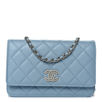Chanel Caviar Quilted Crystal CC Wallet On Chain WOC Light Blue 1 of 12