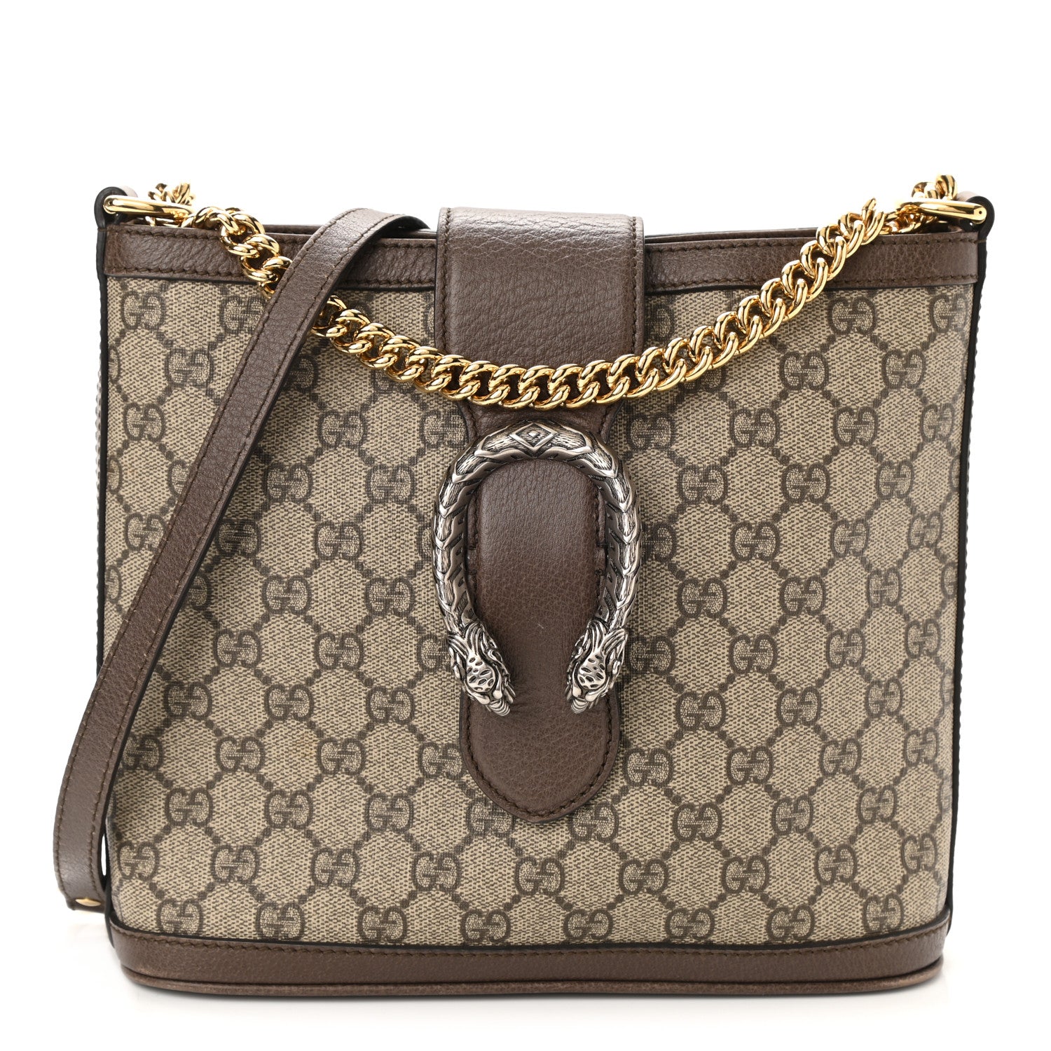 front view image of a GUCCI GG Supreme Monogram Medium Dionysus Bucket Bag in the colors Beige New Acero by FASHIONPHILE
