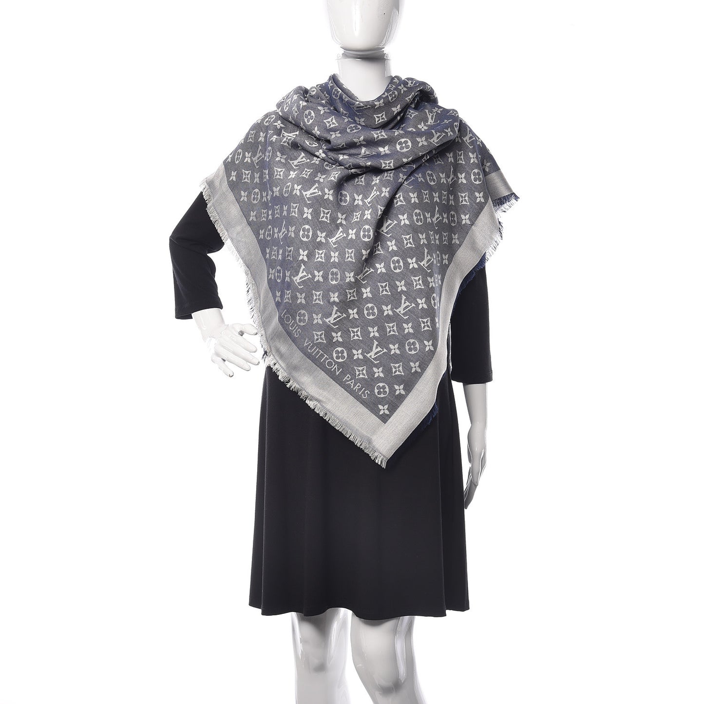 Wool Silk Monogram Denim Shawl Blue