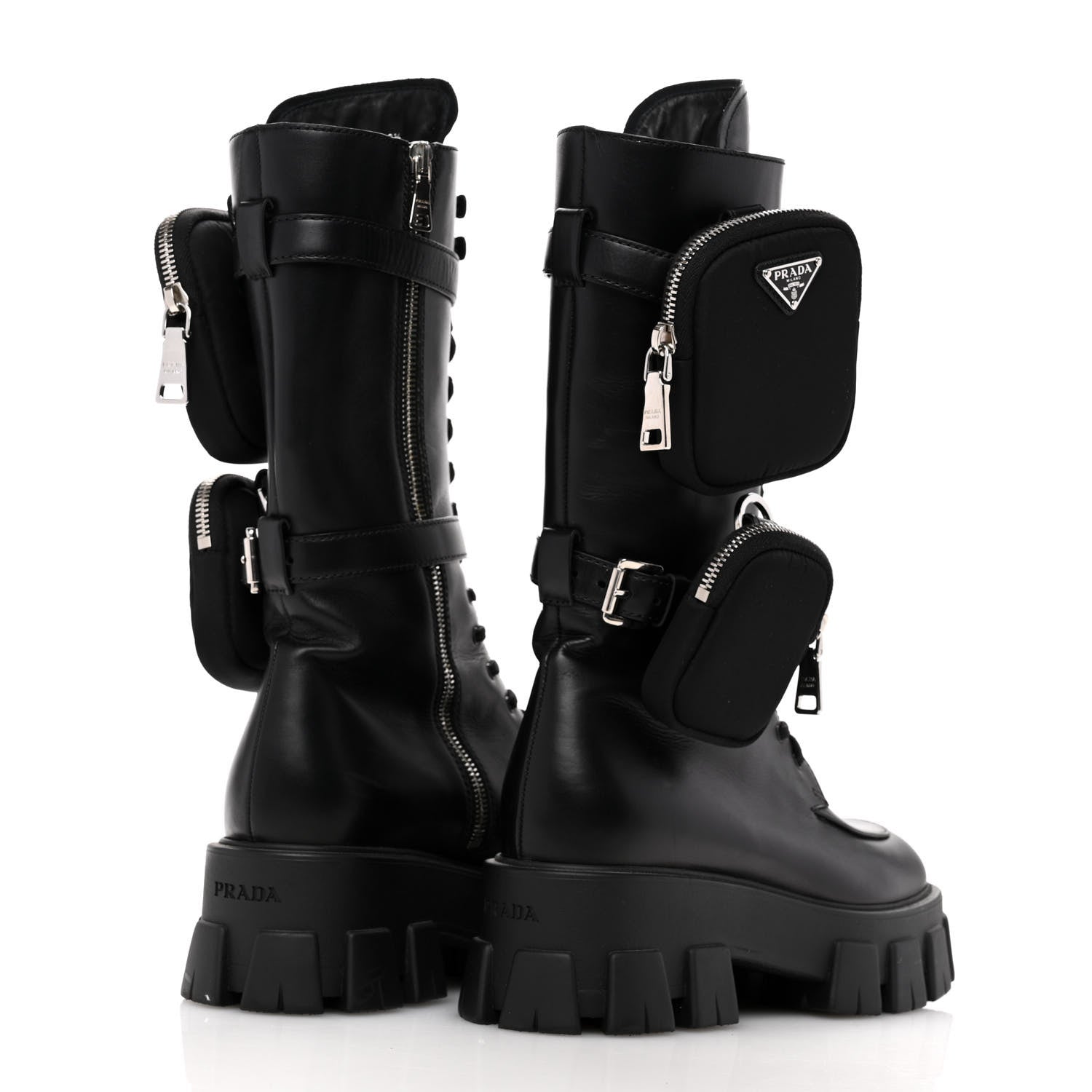 Prada Spazzolato Rois Re-Nylon Metal Triangle Logo Monolith Pouch Pocket 55mm Tall Combat Boots 38.5 Black 5 of 12