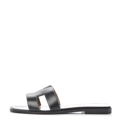 Hermes Box Calfskin Oran Sandals 37.5 Black 1 of 10