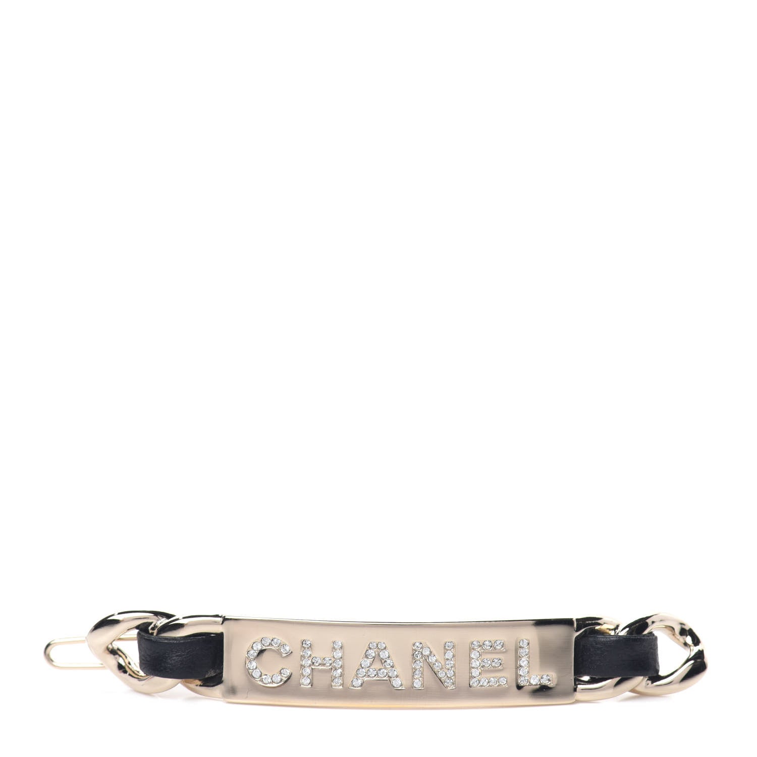 Chanel Metal Lambskin Crystal Sergeant Hair Clip Barette Black Gold 1 of 4